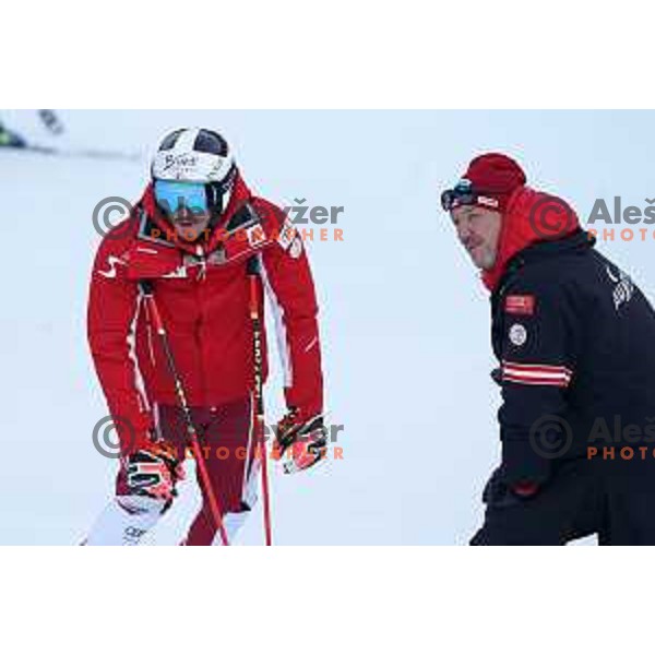 Skiing in the first run of AUDI FIS Ski World Cup Giant Slalom for 61.Vitranc Cup in Kranjska gora, Slovenia on March 12, 2022