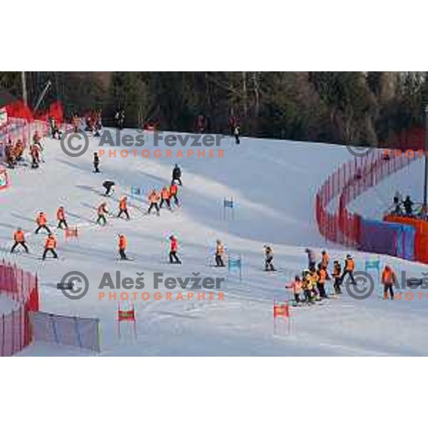 Skiing in the first run of AUDI FIS Ski World Cup Giant Slalom for 61.Vitranc Cup in Kranjska gora, Slovenia on March 12, 2022