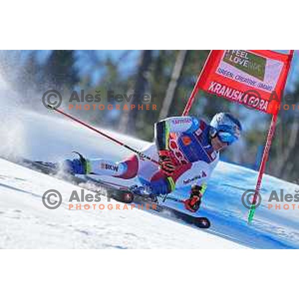 Marco Odermatt (SUI) competes in the first run of AUDI FIS Ski World Cup Giant Slalom for 61.Vitranc Cup in Kranjska gora, Slovenia on March 13, 2022