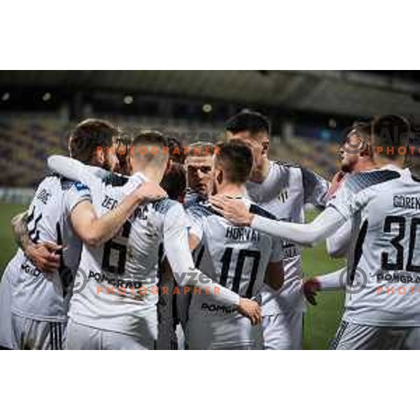 Luka Bobicanec and other players of NS Mura celebrating during Prva liga Telemach football match between Maribor and NS Mura in Ljudski vrt, Maribor, Slovenia on March 13, 2022. Photo: Jure Banfi/www.alesfevzer.com