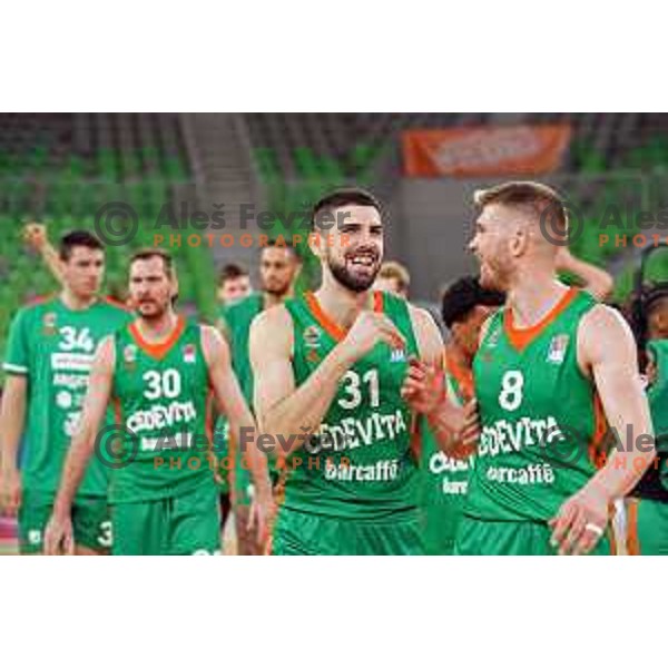 Marko Radovanovic and Edo Muric celebrate victory at ABA league regular season basketball match between Cedevita Olimpija and Mega Mozart in Stozice, Arena, Ljubljana, Slovenia on March 13, 2022