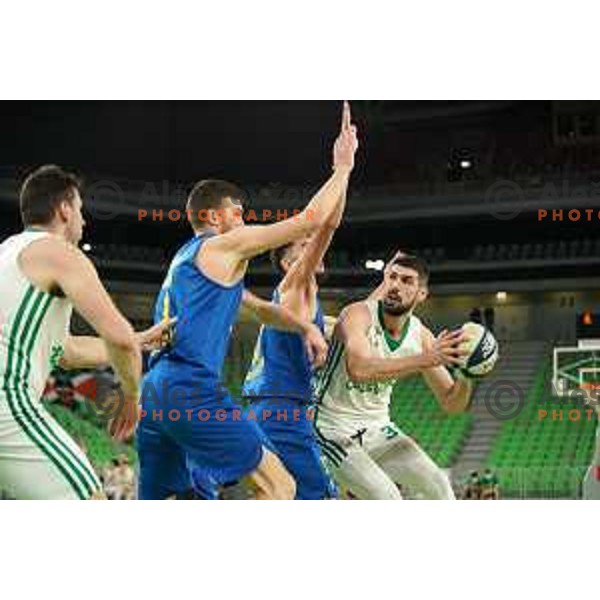 Dino Muric and Marko Radovanovic in action during Nova KBM league basketball match between Cedevita Olimpija and Sencur GGD in Stozice, Arena, Ljubljana, Slovenia on March 14, 2022