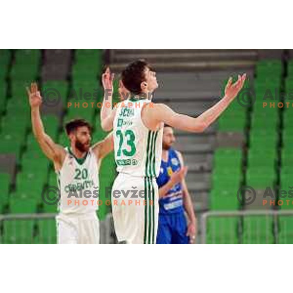Luka Scuka in action during Nova KBM league basketball match between Cedevita Olimpija and Sencur GGD in Stozice, Arena, Ljubljana, Slovenia on March 14, 2022