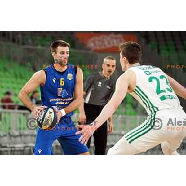Matej Rojc in action during Nova KBM league basketball match between Cedevita Olimpija and Sencur GGD in Stozice, Arena, Ljubljana, Slovenia on March 14, 2022