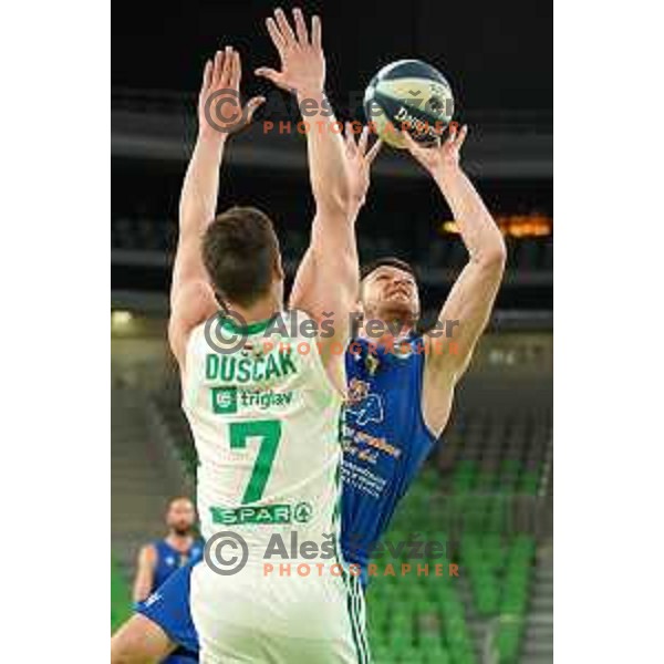 Dino Muric in action during Nova KBM league basketball match between Cedevita Olimpija and Sencur GGD in Stozice, Arena, Ljubljana, Slovenia on March 14, 2022