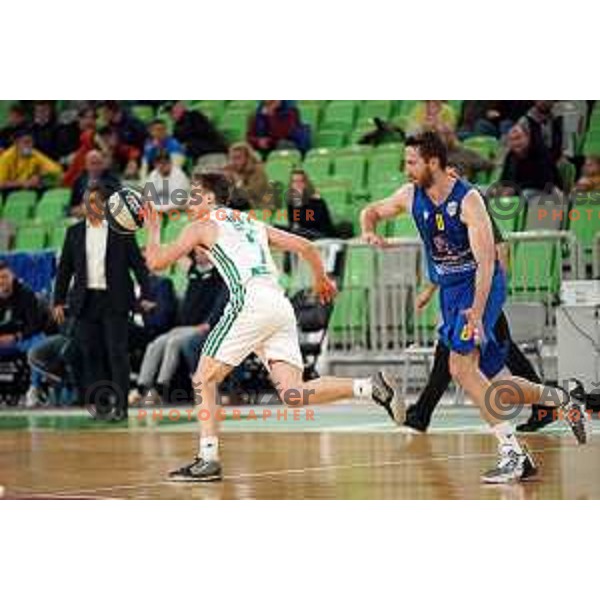 Dan Duscak and Ramo Rizvic in action during Nova KBM league basketball match between Cedevita Olimpija and Sencur GGD in Stozice, Arena, Ljubljana, Slovenia on March 14, 2022