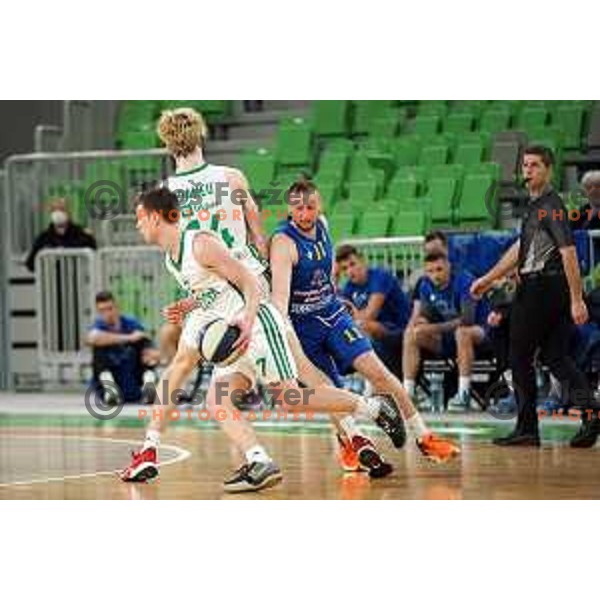 Dan Duscak and Nejc Martincic in action during Nova KBM league basketball match between Cedevita Olimpija and Sencur GGD in Stozice, Arena, Ljubljana, Slovenia on March 14, 2022
