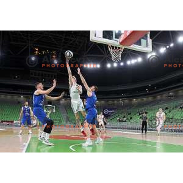 in action during Nova KBM league basketball match between Cedevita Olimpija and Sencur GGD in Stozice, Arena, Ljubljana, Slovenia on March 14, 2022