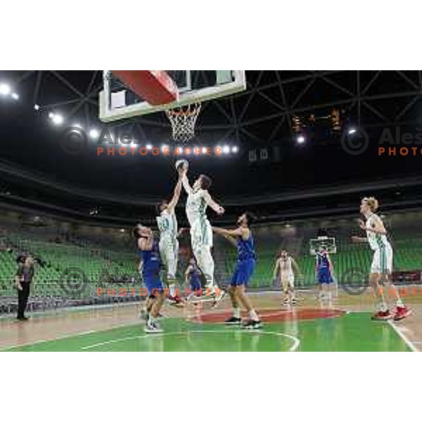 Luka Scuka in action during Nova KBM league basketball match between Cedevita Olimpija and Sencur GGD in Stozice, Arena, Ljubljana, Slovenia on March 14, 2022
