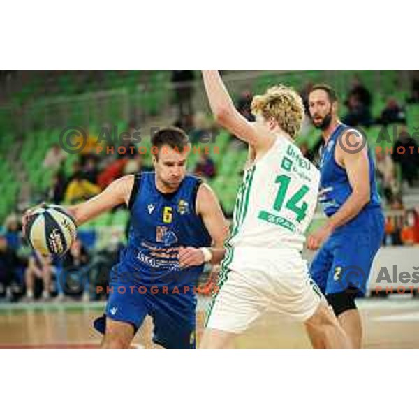 Matej Rojc in action during Nova KBM league basketball match between Cedevita Olimpija and Sencur GGD in Stozice, Arena, Ljubljana, Slovenia on March 14, 2022