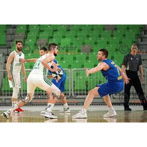 Dino Muric and Marko Radovanovic in action during Nova KBM league basketball match between Cedevita Olimpija and Sencur GGD in Stozice, Arena, Ljubljana, Slovenia on March 14, 2022