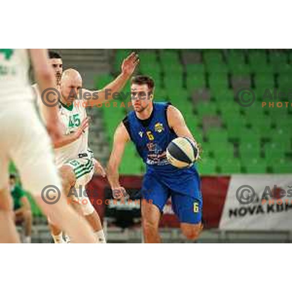 Matej Rojc in action during Nova KBM league basketball match between Cedevita Olimpija and Sencur GGD in Stozice, Arena, Ljubljana, Slovenia on March 14, 2022