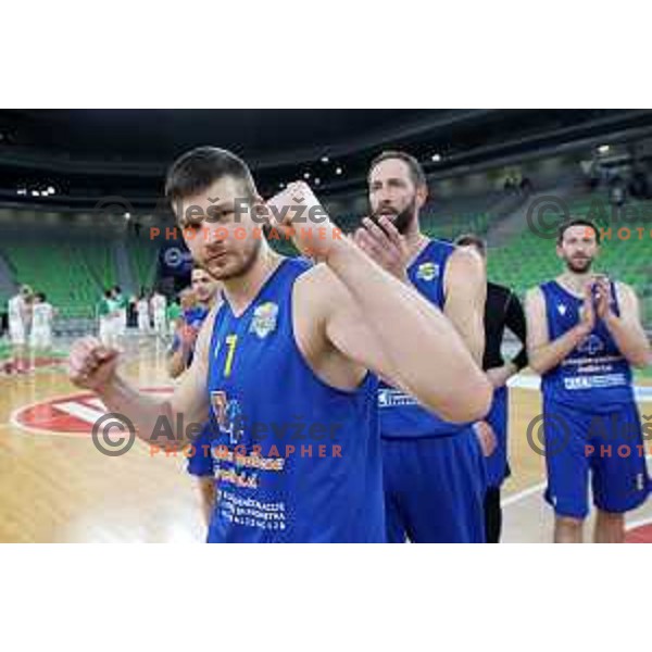 Dino Muric in action during Nova KBM league basketball match between Cedevita Olimpija and Sencur GGD in Stozice, Arena, Ljubljana, Slovenia on March 14, 2022