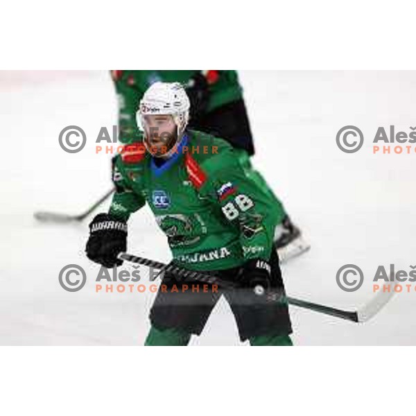 Miha Zajc of SZ Olimpija in action during IceHL quarter-final match between SZ Olimpija and VSV in Ljubljana, Slovenia on March 15, 2022
