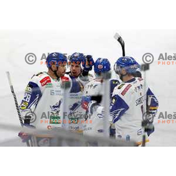 Players of VSV celebrate goal during IceHL quarter-final match between SZ Olimpija and VSV in Ljubljana, Slovenia on March 15, 2022
