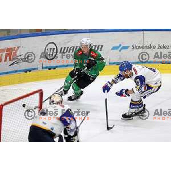 Blaz Tomazevic of SZ Olimpija in action during IceHL quarter-final match between SZ Olimpija and VSV in Ljubljana, Slovenia on March 15, 2022
