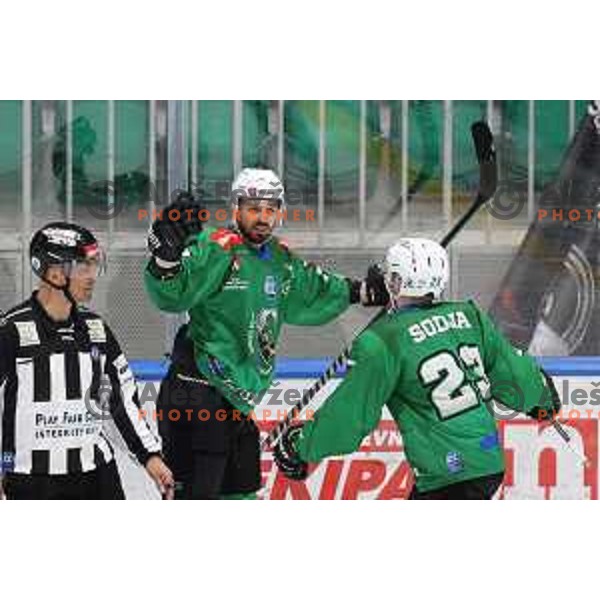 Gregor Koblar celebrates goal during IceHL quarter-final match between SZ Olimpija and VSV in Ljubljana, Slovenia on March 15, 2022