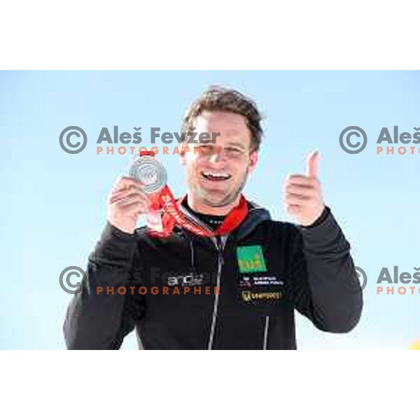 Tim Mastnak of Slovenia, Olympic Silver medalist in Snowboard Parallel Giant Slalom from Beijing 2022 Winter Olympic Games at photo shooting on March 16, 2022