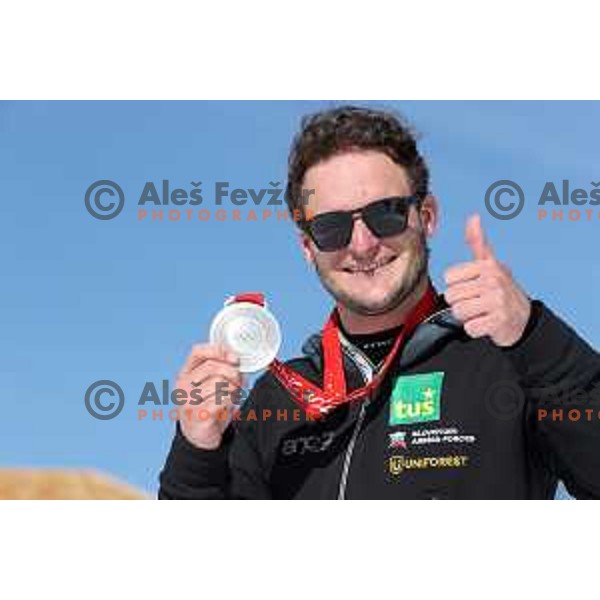 Tim Mastnak of Slovenia, Olympic Silver medalist in Snowboard Parallel Giant Slalom from Beijing 2022 Winter Olympic Games at photo shooting on March 16, 2022
