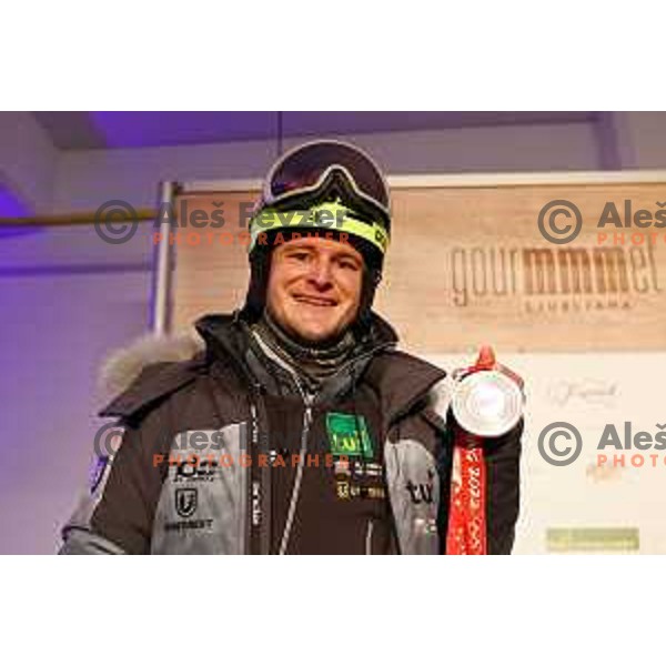 Tim Mastnak of Slovenia, Olympic Silver medalist in Snowboard Parallel Giant Slalom from Beijing 2022 Winter Olympic Games at photo shooting on March 16, 2022