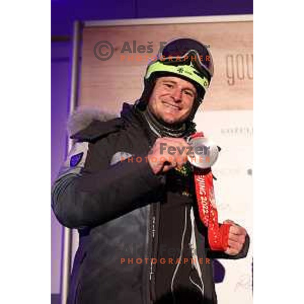 Tim Mastnak of Slovenia, Olympic Silver medalist in Snowboard Parallel Giant Slalom from Beijing 2022 Winter Olympic Games at photo shooting on March 16, 2022