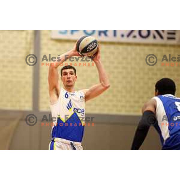 in action during Nova KBM league basketball match between ECE Triglav and Sentjur in Kranj, Slovenia on March 19, 2022