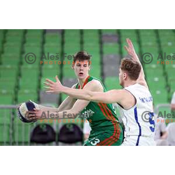 Luka Scuka in action during Nova KBM league basketball match between Cedevita Olimpija and Terme Olimia Podcetrtek in Stozice, Arena, Ljubljana, Slovenia on March 21, 2022