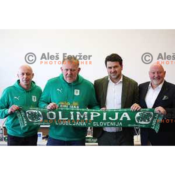 Mladen Rudonja, Robert Prosinecki, new head coach of Olimpija, Igor Barisic and Dr. Christian Dollinger during press conference in Ljubljana, Slovenia on March 23, 2022