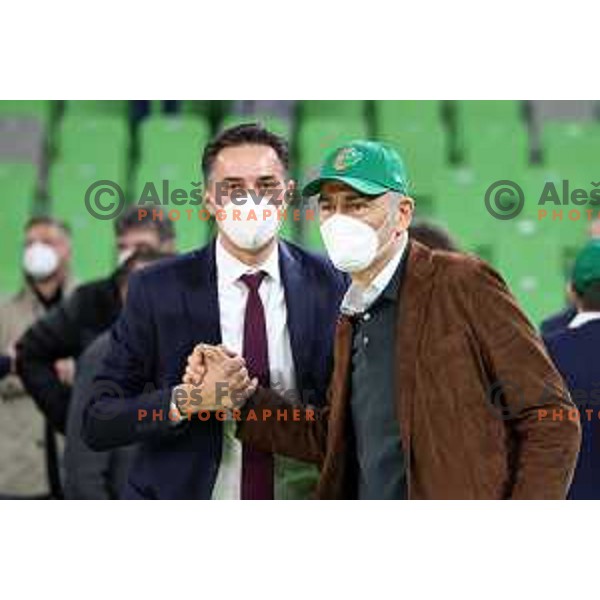 Davor Uzbinec and Emil Tedeschi, president of Cedevita Olimpija in action during 7days EuroCup regular season basketball match between Cedevita Olimpija and Reyer Venezia in Stozice, Arena, Ljubljana, Slovenia on March 23, 2022