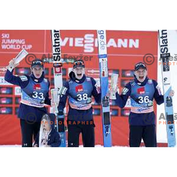 Peter Prevc, Ziga Jelar, winner of FIS Ski-jumping World Cup Final and Anze Lanisek in Planica, Slovenia on March 25, 2022