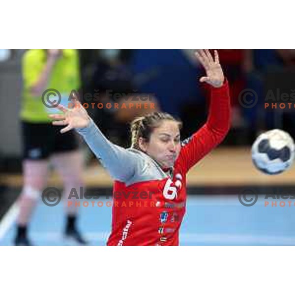 Jovana Risovic in action during EHF Champions League Women 2021-2022 handball match between Krim Mercator (SLO) and FTC Rail-Cargo Hungaria in Ljubljana, Slovenia on March 26, 2022