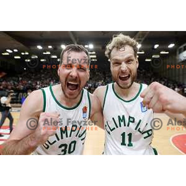 Zoran Dragic and Jaka Blazic in action during ABA league regular season basketball match between Cedevita Olimpija and Partizan NIS in Tivoli Hall, Ljubljana, Slovenia on March 27, 2022