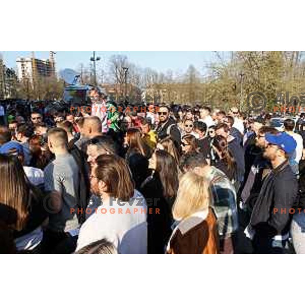 Fans of Cedevita Olimpija during ABA league regular season basketball match between Cedevita Olimpija and Partizan NIS in Tivoli Hall, Ljubljana, Slovenia on March 27, 2022