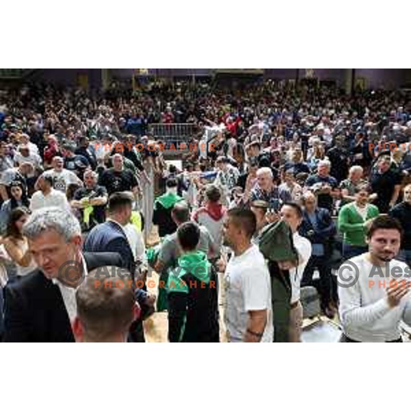 Fans of Cedevita Olimpija during ABA league regular season basketball match between Cedevita Olimpija and Partizan NIS in Tivoli Hall, Ljubljana, Slovenia on March 27, 2022