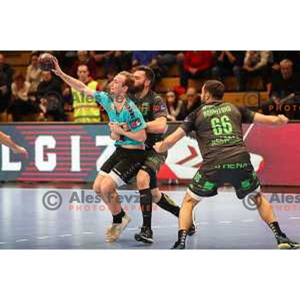 Domen Tajnik in action during eight-final of EHF Cup handball match between Gorenje Velenje (SLO) and USAM Nimes Gard (FRA) in Red Hall, Velenje, Slovenia on March 29, 2022 