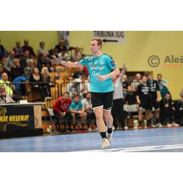 Domen Tajnik in action during eight-final of EHF Cup handball match between Gorenje Velenje (SLO) and USAM Nimes Gard (FRA) in Red Hall, Velenje, Slovenia on March 29, 2022 