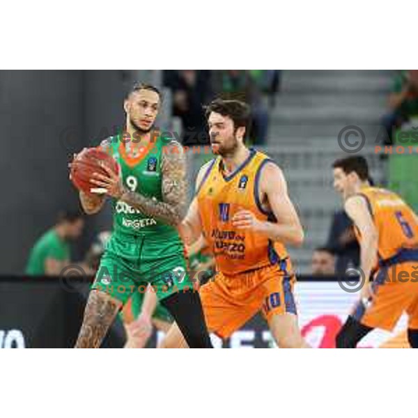 Zach Auguste of Cedevita Olimpija and Mike Tobey in action during 7days EuroCup regular season basketball match between Cedevita Olimpija and Valencia basket in Stozice, Arena, Ljubljana, Slovenia on March 30, 2022
