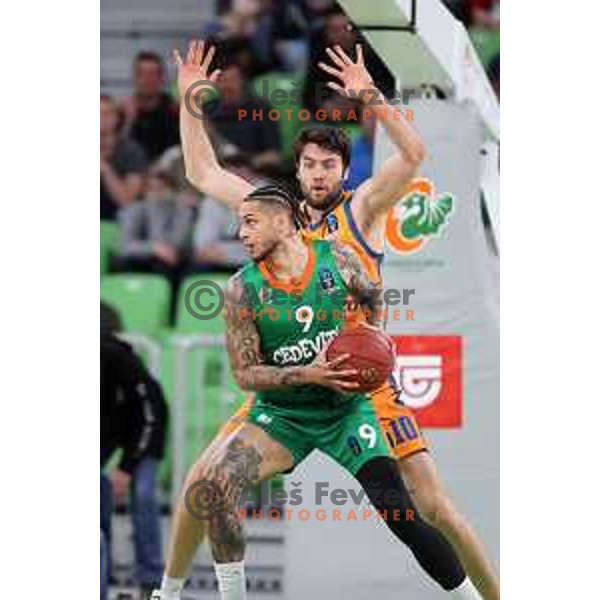 Zach Auguste of Cedevita Olimpija and Mike Tobey in action during 7days EuroCup regular season basketball match between Cedevita Olimpija and Valencia basket in Stozice, Arena, Ljubljana, Slovenia on March 30, 2022