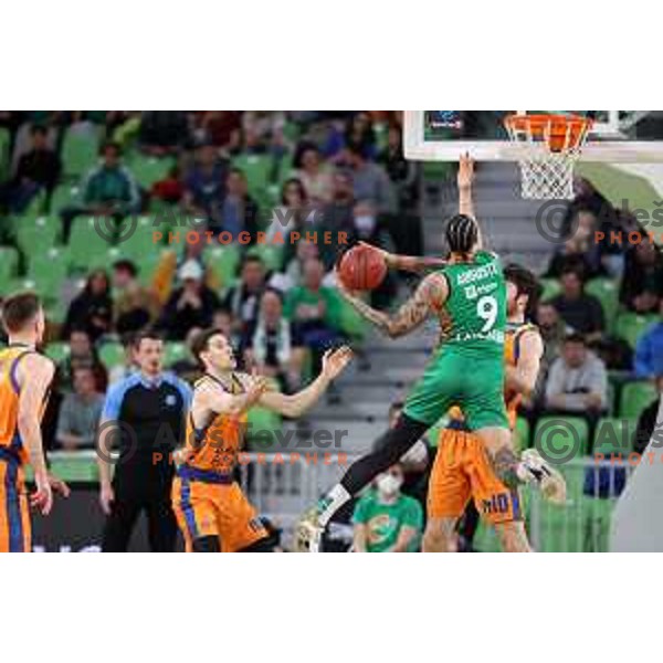 Zach Auguste of Cedevita Olimpija and Mike Tobey in action during 7days EuroCup regular season basketball match between Cedevita Olimpija and Valencia basket in Stozice, Arena, Ljubljana, Slovenia on March 30, 2022
