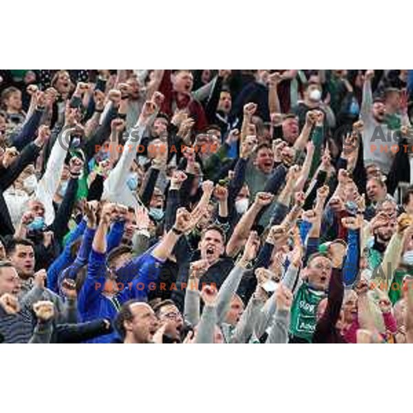 Fans of Cedevita Olimpija in action during 7days EuroCup regular season basketball match between Cedevita Olimpija and Valencia basket in Stozice, Arena, Ljubljana, Slovenia on March 30, 2022