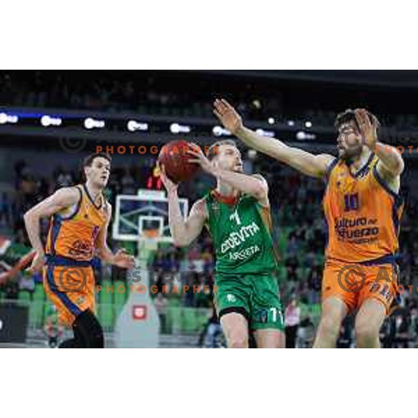 Jaka Blazic of Cedevita Olimpija and Mike Tobey in action during 7days EuroCup regular season basketball match between Cedevita Olimpija and Valencia basket in Stozice, Arena, Ljubljana, Slovenia on March 30, 2022