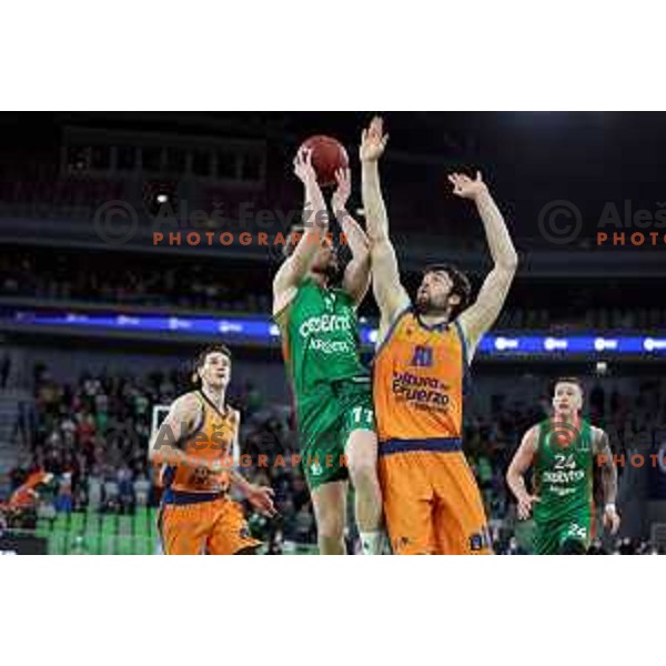 Jaka Blazic of Cedevita Olimpija and Mike Tobey in action during 7days EuroCup regular season basketball match between Cedevita Olimpija and Valencia basket in Stozice, Arena, Ljubljana, Slovenia on March 30, 2022