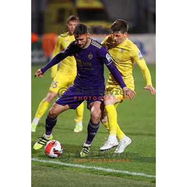Rok Kronaveter in action during Prva Liga Telemach 2021-2022 football match between Domzale and Maribor in Domzale Sports Park, Slovenia on April 2, 2022