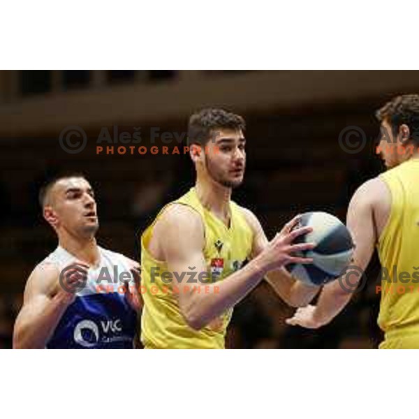 Refik Basic in action during Nova KBM league basketball match between Hopsi and Sentjur in Polzela, Slovenia on April 2, 2022