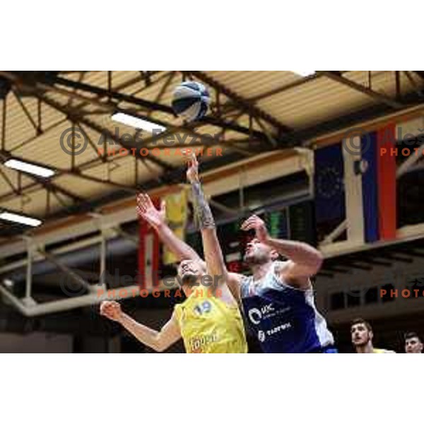 Miha Vasl and Dalibor Djapa in action during Nova KBM league basketball match between Hopsi and Sentjur in Polzela, Slovenia on April 2, 2022