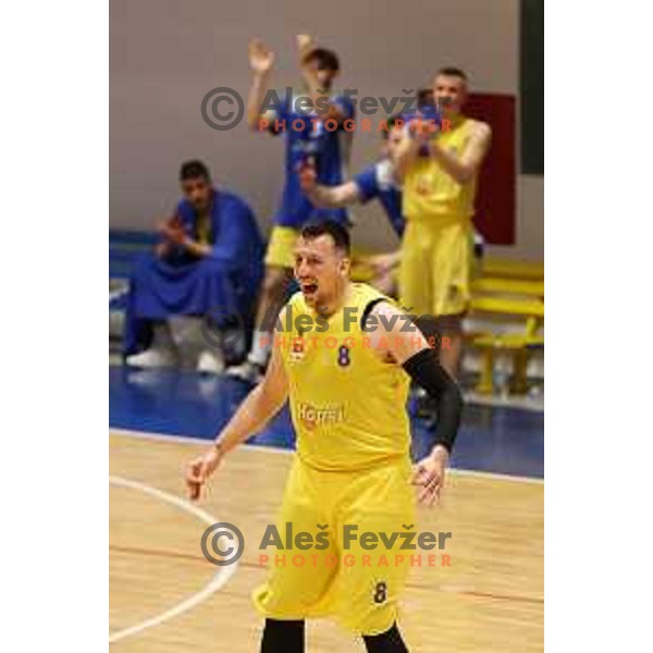 Jure Besedic in action during Nova KBM league basketball match between Hopsi and Sentjur in Polzela, Slovenia on April 2, 2022