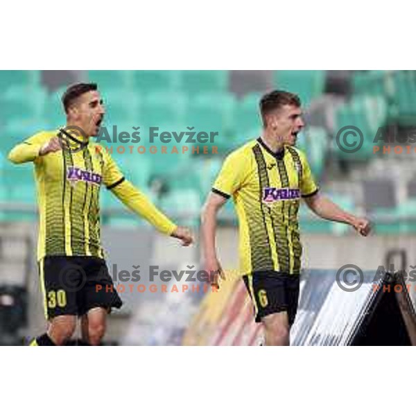 Mark Zabukovnik celebrates goal during Prva Liga Telemach football match between Olimpija and Kalcer Radomlje in SRC Stozice, Ljubljana, Slovenia on April 3, 2022 