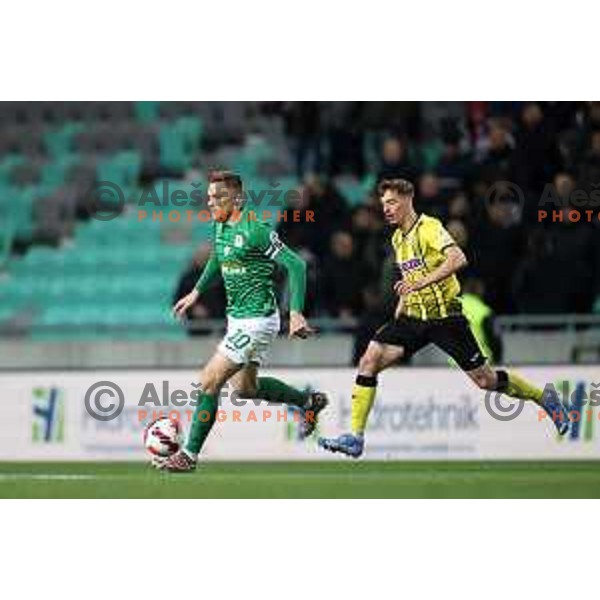 Timi Max Elsnik and Ivan Saric in action during Prva Liga Telemach football match between Olimpija and Kalcer Radomlje in SRC Stozice, Ljubljana, Slovenia on April 3, 2022