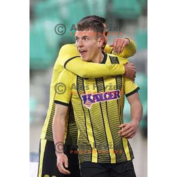 Mark Zabukovnik celebrates goal during Prva Liga Telemach football match between Olimpija and Kalcer Radomlje in SRC Stozice, Ljubljana, Slovenia on April 3, 2022 