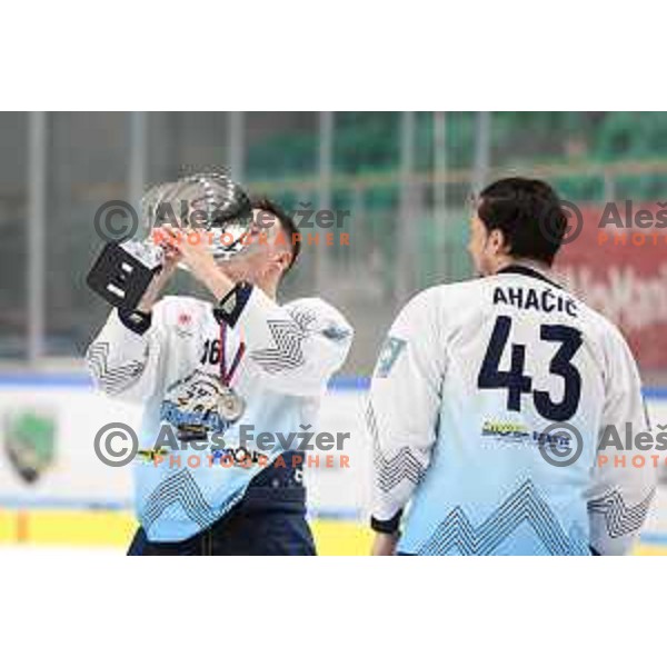 Players of Triglav celebrate second place in Slovenian National ice-hockey Championship in Ljubljana, Slovenia on April 5, 2022